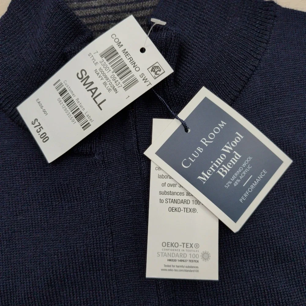 NEW Club Room Mens Navy Blue Merino Wool Blend Quarter Zip Sweater Small